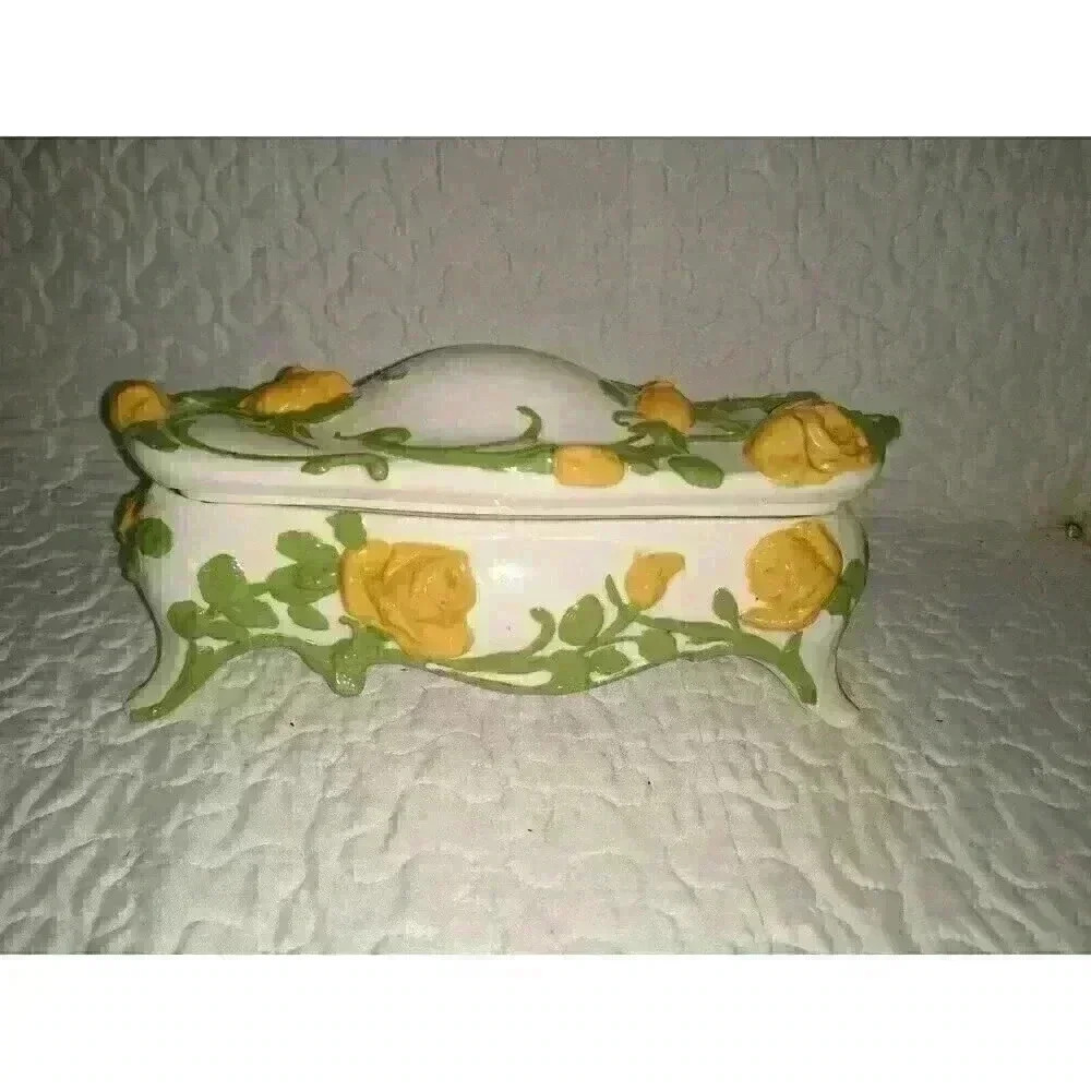 Vintage Cordey Trinket Dish with lid.  Yellow & Green Floral Design